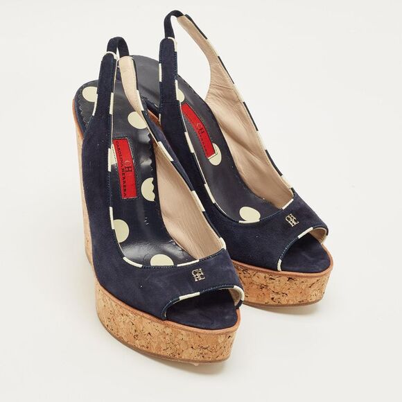 Ch Carolina Herrera Navy Blue Suede Cork Wedge Sandals Size 39 - Picture 4 of 7
